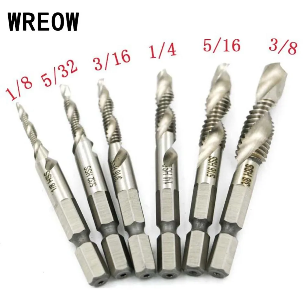 6ピース1/4六角シャンクスパイラルスクリューネジタップドリルビットセットhss六角複合タップドリルビット用掘削穴hss hexbits