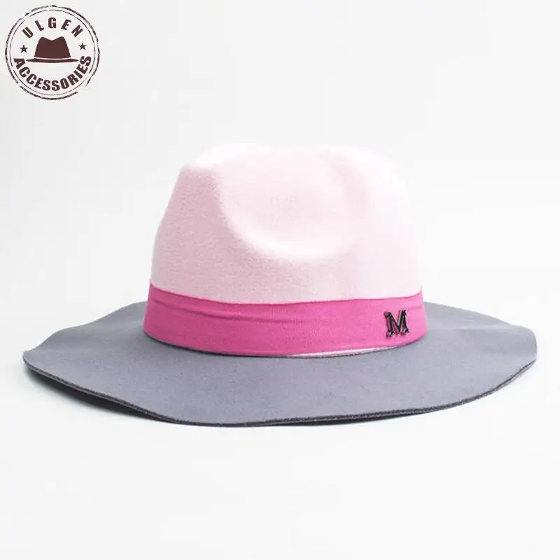 

Fashion winter womens M letter wool felt fedora hat pink hat for women ladies large brim cowboy panama fedoras Jazz hat