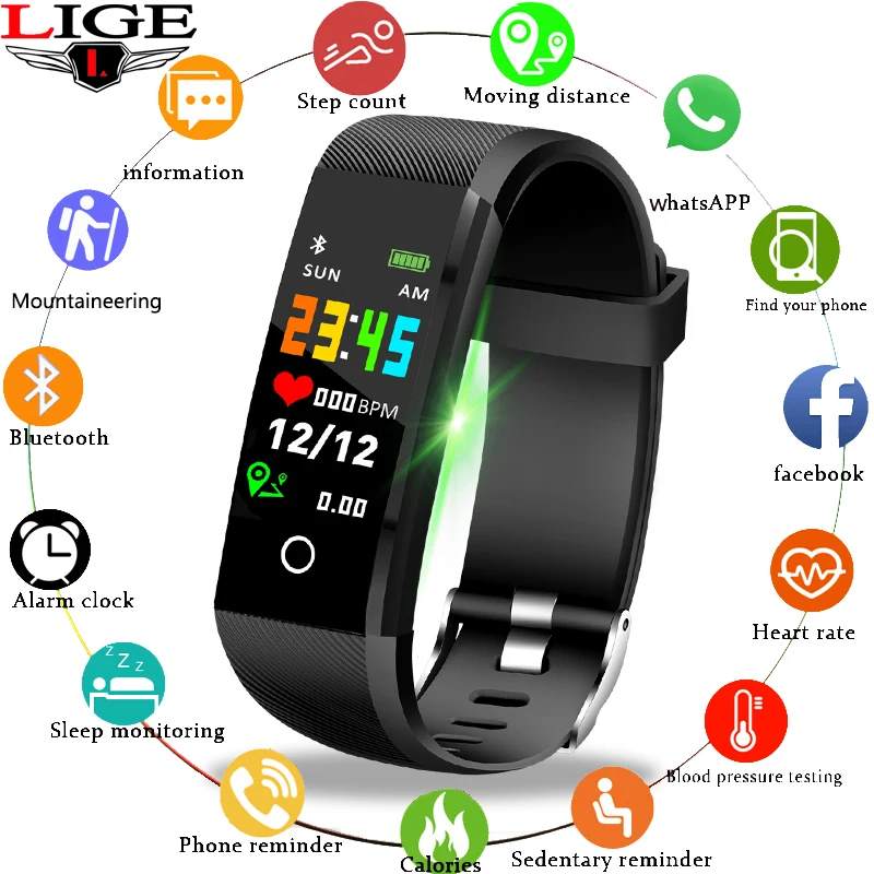

LIGE 2019 New Fitness Tracker Sport Smart Bracelet IP67 Waterproof Watch Heart Rate Pedometer Smart Wristband For Android ios