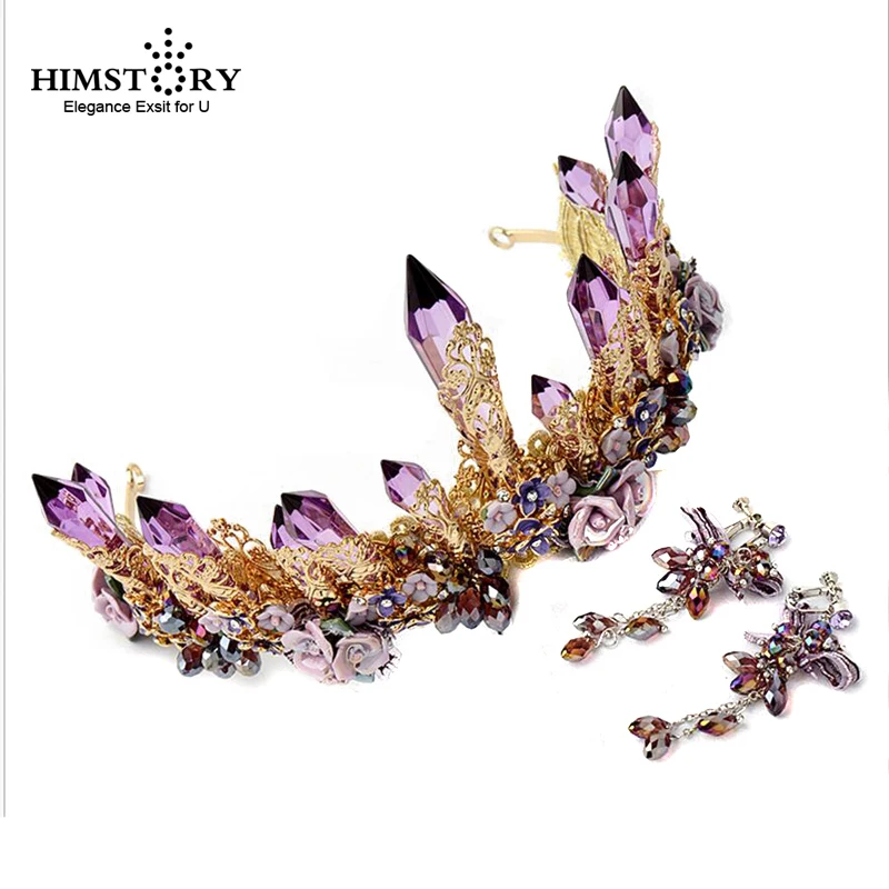 

Luxury Purple Crystal Crown Diadem Bridal Headband Handmade Wedding Hair Accessories FLower Tiara Women HAir Accessories