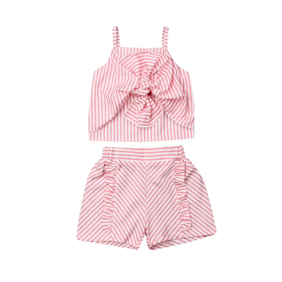 

2PCS Toddler Kids Baby Girls Clothes Sets Pink Stripe Sling Crop Tops+Shorts Outfit Summer