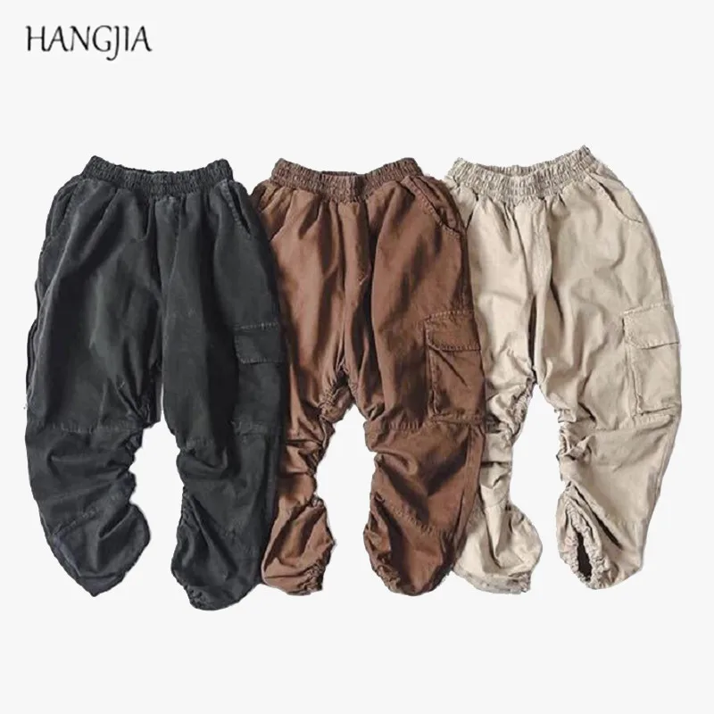 

High Street Elastic Pleated Harem Pants Dark Plain Washing Baggy Elasticity Side Zipper Dead Fly Trousers Feet Hip-Hop Pants