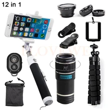 Newest 12X Zoom Telephoto Lens Fish eye Wide Angle Macro Lentes Telescope For iPhone 6 6s 7 Smartphone Microscope Selfie Stick