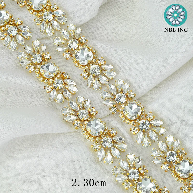 

(1 yard) Silver crystal rhinestone Applique gold bridal beaded trim iron on for wedding dresses WDD0900
