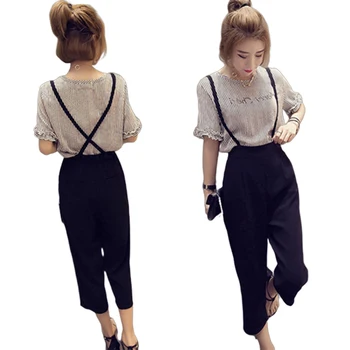 

New Womens Black Wide Leg Strap Pants + Short Sleeve Loose Polyester T-Shirts 2PCS Set
