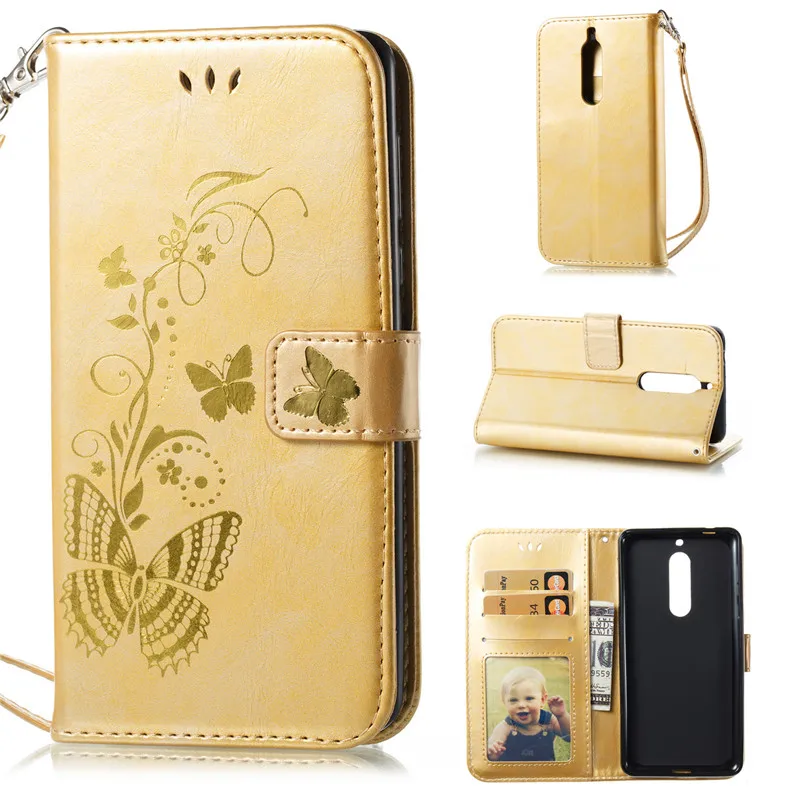 

Flip Cover For Nokia 5 N5 Case Gold stamp Golden butterfly PU Leather Photo Frame Wallet Stand Mobile Phone Cases