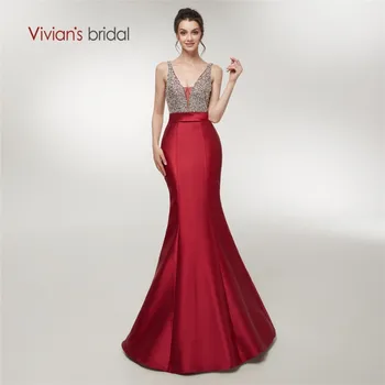

Vivian's Bridal 2018 Luxury Sequin Crystal Wine Mermaid Evening Gowns Sexy Deep V-neck Backless Sleeveless Formal Party Dress