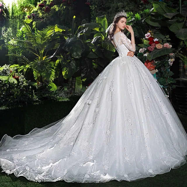 Solemn Cathedral Train Wedding Dress with lace edge Long