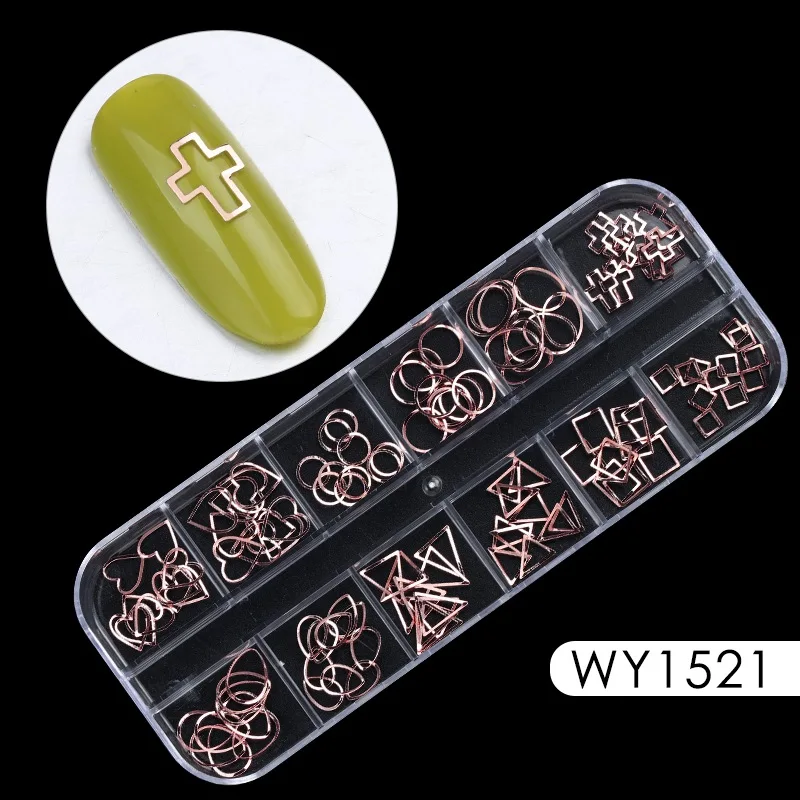 12 решеток золотые, серебряные, полые 3D украшения для ногтей металлические заклепки для ногтей блестки Стразы DIY украшения для ногтей боди-арт - Цвет: WY1521