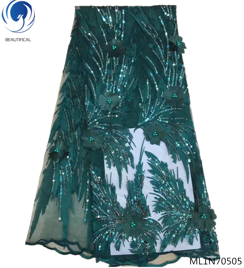 

BEAUTIFICAL green 3d laces sequins lace fabric latest nigerian french net lace fabric with beads decoration for woman ML1N705