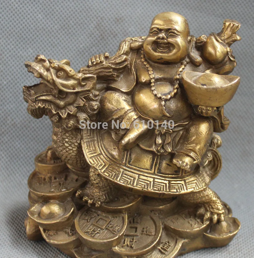 

China Chinese Brass Fengshui Happy Laugh Maitreya Ride Rich Dragon Turtle Statue