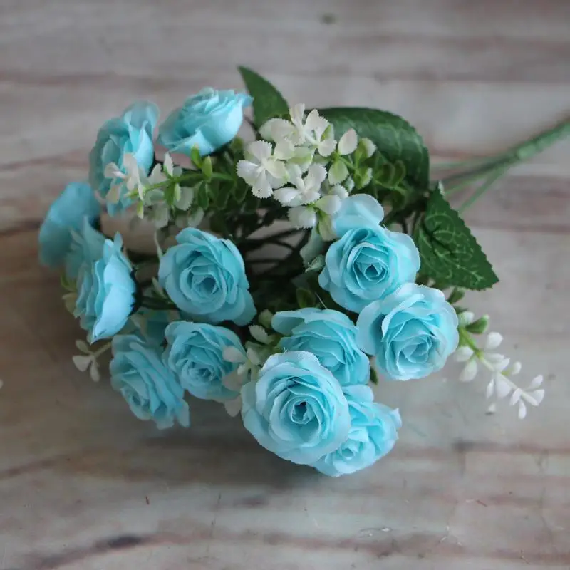 Красивое очаровательное свадебное украшение 15 бутонов 1 букет Мини Роза из искусственного шелка цветок невесты свадебное украшение дома Наклейка - Цвет: Синий