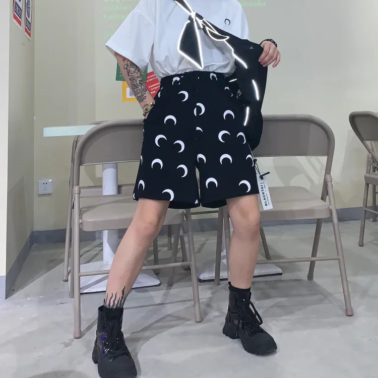 

High Waist Moon Print Pocket Loose Straight Knee Short Pant Summer Korean Harajuku Ulzzang/Kpop Trouser Women Gothic Wide Leg
