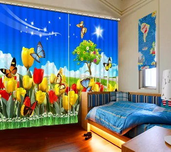 

3D Curtain New Custom 3D Beautiful Yellow red flowers butterfly blue sky green grass Bed room Living room Office Hotel Cortinas