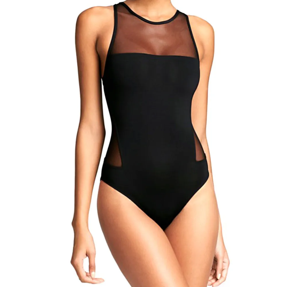 

2019 Black Sexy Women Swimwear One Piece Swimsuit High Neck Female Bather Bathing Suit Gauze Swim Suit Halter Monokini Trikini