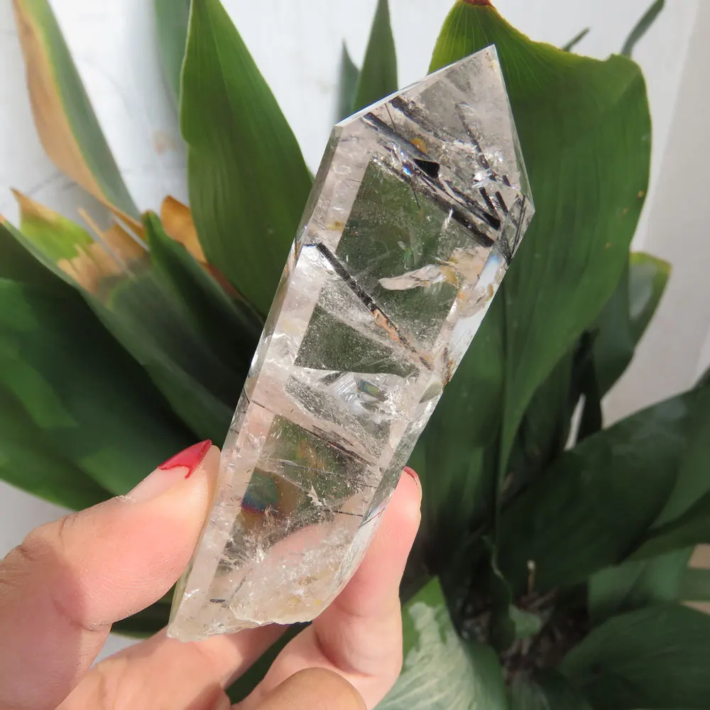 60110g Natural Clear Black Tourmaline Quartz Crystal Point Wand Single