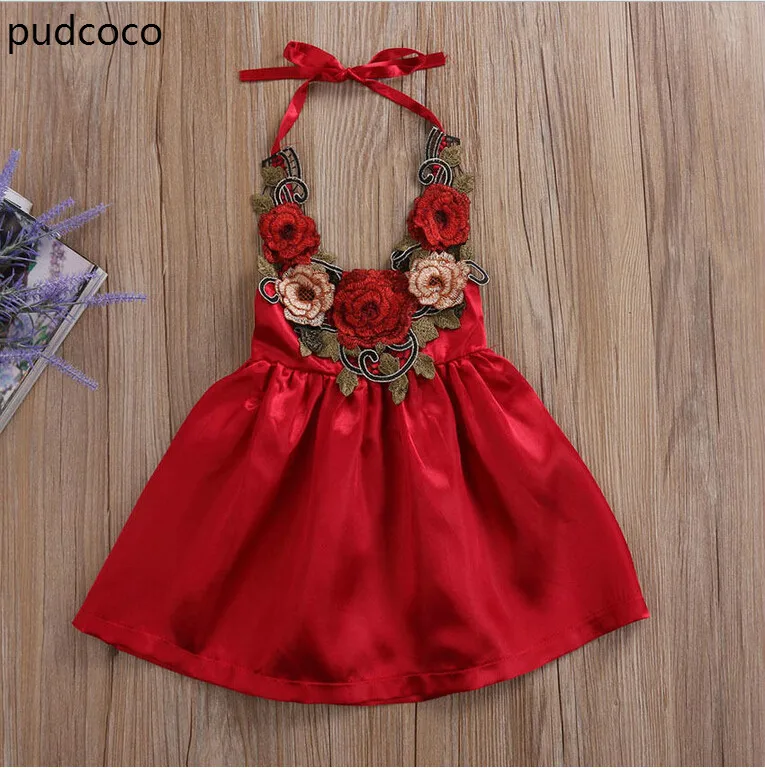 

Kids Baby Girls 3D Flowers Princess Party Dress Summer Sleeveless Embroidery Floral Halter Dresses Clothes Red Girls Clothing