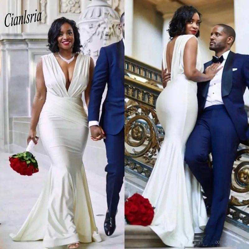

2020 South Africa V-Neck Long Mermaid Plus Size Wedding Dresses With Pleat Backless Sleeveless Custom Made Wedding Dress