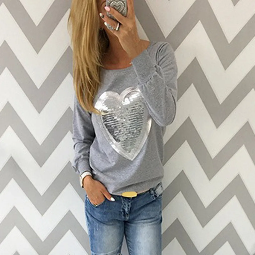 

Womens Vogue t shirt Heart Sequins O Neck Long Sleeve T Shirt Harajuku Ladies Tops Streetwear Women Clothes 2019