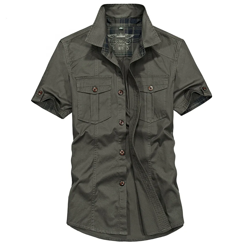 Feitong, мужская рубашка, блузки, повседневная, модная, военная, одноцветная, с карманами, с коротким рукавом, рубашка, топ, blusa masculina