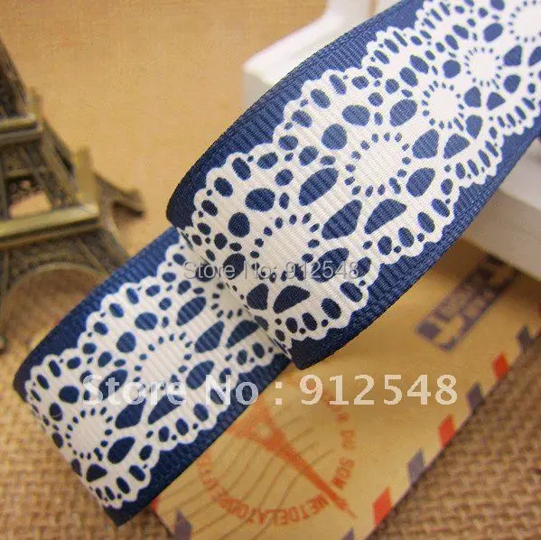 

Free shipping, Lace pattern printed 1'' (25mm)blue color Grosgrain ribbon Polyester gift package ribbon DIY hairbow accessories