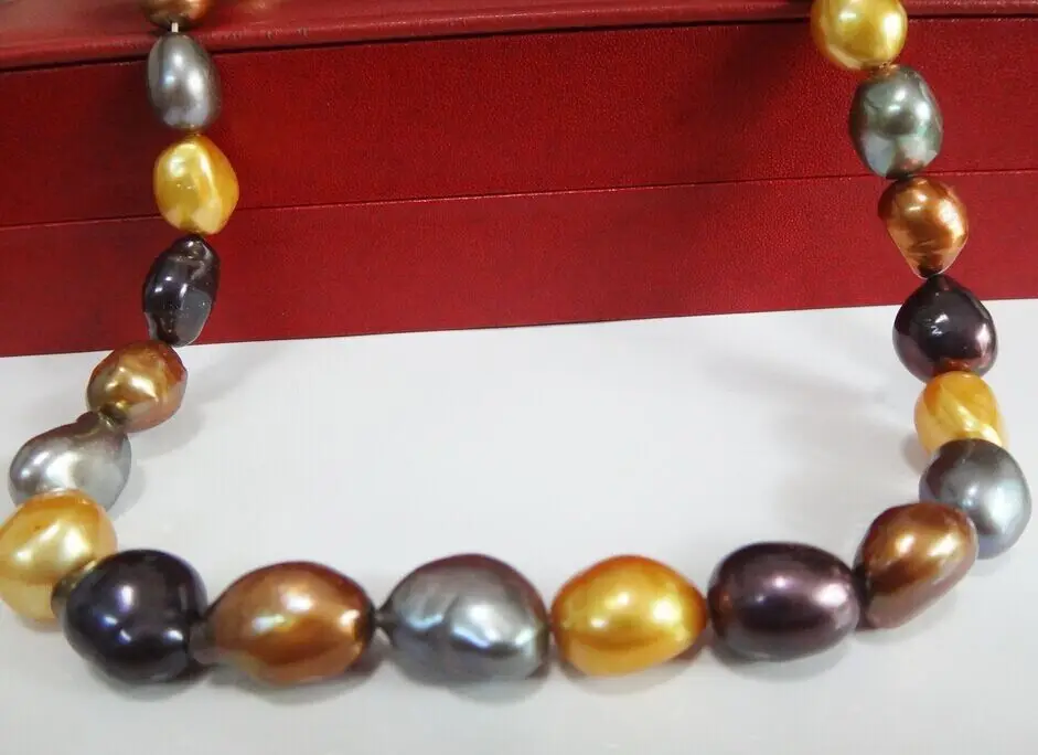 

19" HUGE18"11-15mm Naturalsouth sea genuine black gold multic potato pearl necklace (0926)