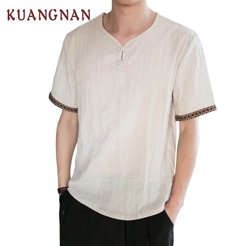 KUANGNAN Chinese Style Linen White T Shirt Men Fashions Harajuku ...