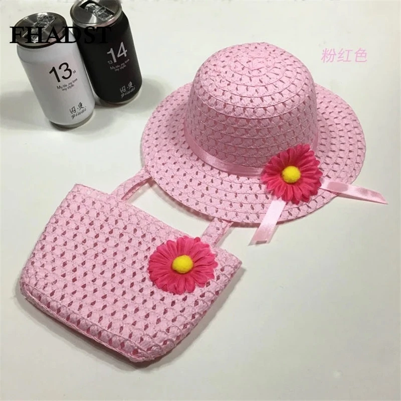 

FHADST sale Baby Kids Straw Hat Summer Cute Beach Caps + Handbag Flower Hat Bag Children Character Girls Solid Sunhat casquette