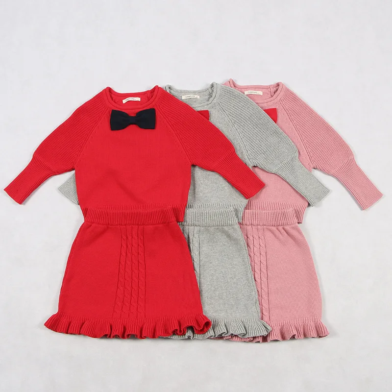 Зимний комплект со свитером для девочек, коллекция года, Осенний теплый свитер для маленьких девочек топ+ платье принцессы комплект из 2 предметов, Детские однотонные Хлопковые вязаные костюмы
