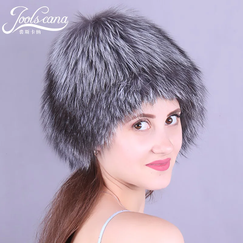 Joolscana меховая шапка зимняя женский Шапки русская меховая шапка женские шляпы autnmn шапочка натуральный Лисий мех теплые модные женские черный серебристый - Цвет: colour2