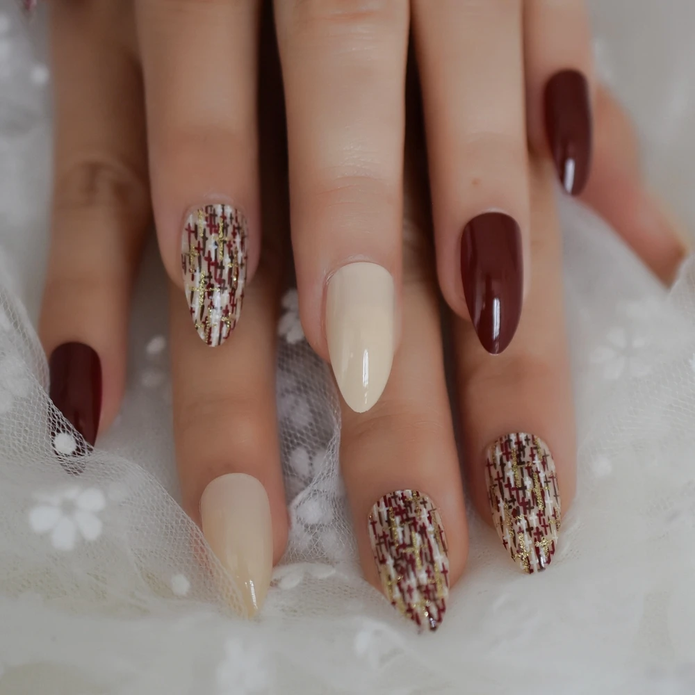 

Nude Color Acrylic Nails UV Gel Stiletto Nail Tips Multi-color Cross Decorations Press On Nails with Adhesive Tabs Medium