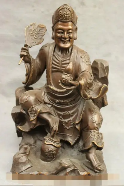 

S02227 15" Chinese Buddhist Pure Bronze Dragon Arhat Chai Gong JiGong Buddha Fan Statue (B0328)