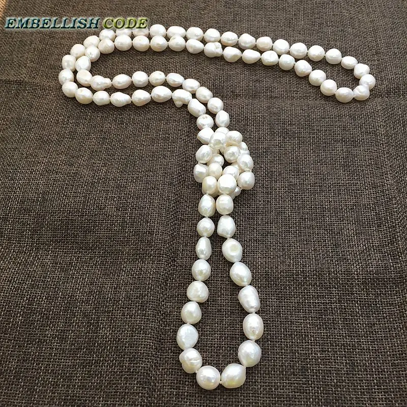 

long necklace white color Rope knotted twisted style 120cm good sheen semi baroque irregular pearl freshwater pearls for sweater