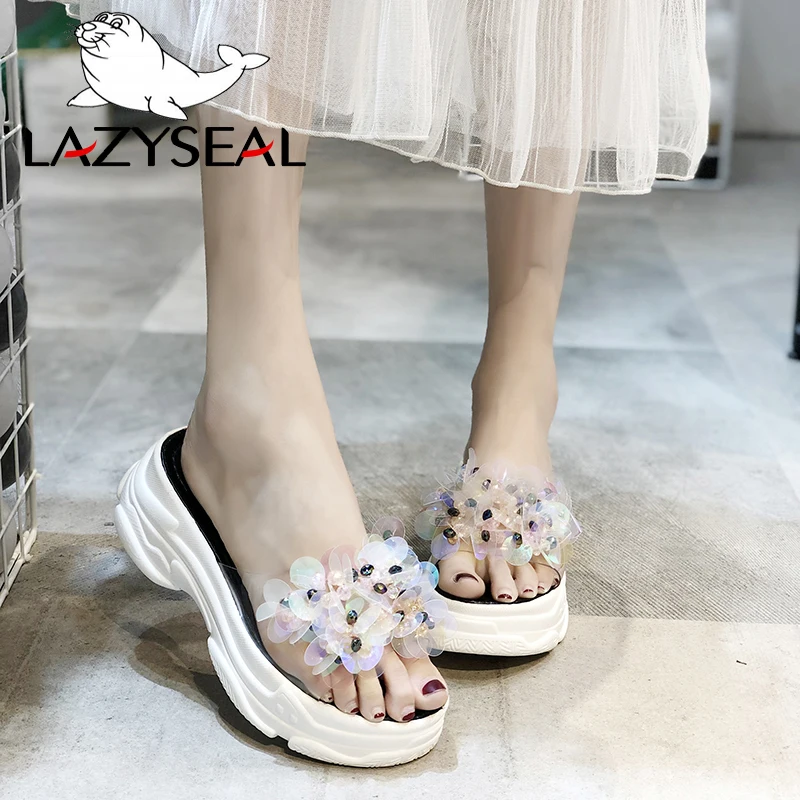 LazySeal Transparent Bling Platform Slippers Women New Summer Shoes With Crystal Diamonds Wedge Ladies Flip Flops Woman Slides