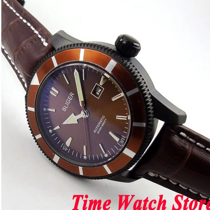

Bliger 46mm coffee dial date window luminous deployant clasp Black PVD case Automatic movement men's watch BL134