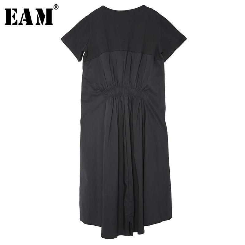 

[EAM] 2019 New Spring Summer Round Neck Short Sleeve Black Back Long Pleated Loose Irregular Dress Women Fashion Tide F55