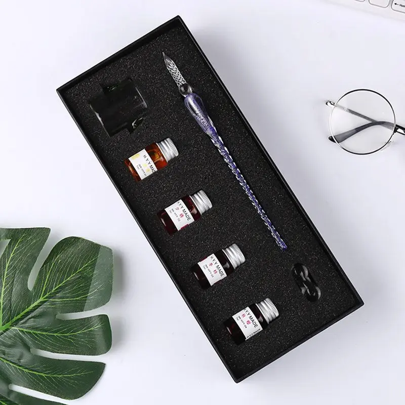 Vintage Crystal Glass Dip Pen Set Non-carbon Gold Ink Fountain Signature Calligraphy Pen Writing Tools Stationery Gift - Цвет: Big set design  1