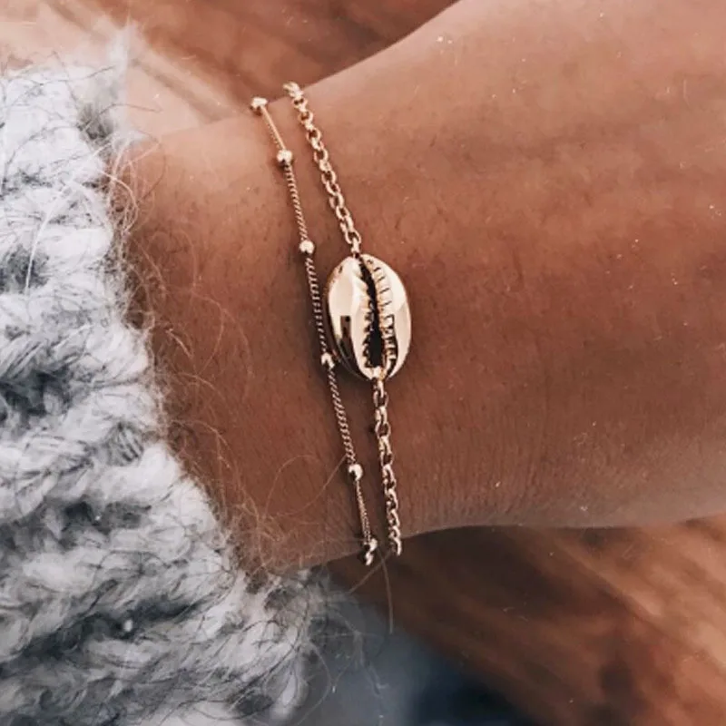 

Vintage Creative Double Layers Metal Shell Bracelets for Women Gold Chain Geometric Round Heart Bracelet Jewelry Gift YN643