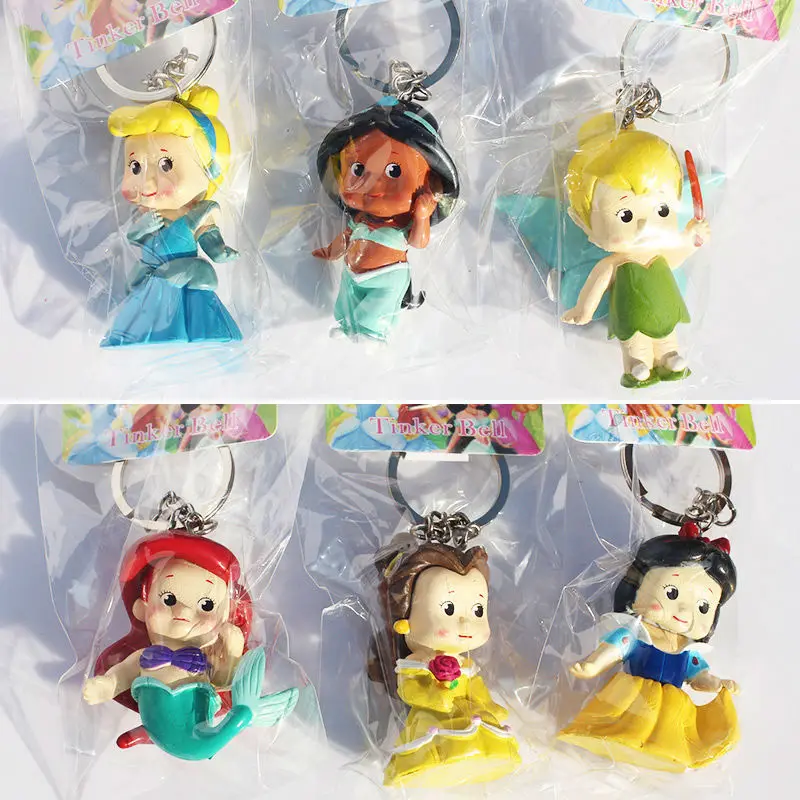 

30pcs/lot Princess Snow white Keychain Tinkerbell Mermaid Collection Figure Key Chain for making necklaces
