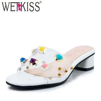 

WETKISS Transparent Pvc Slippers Women Open Toe Footwear Thick Heels Slides Shoes Female Studded Mules Shoes Summer Plus Size 46