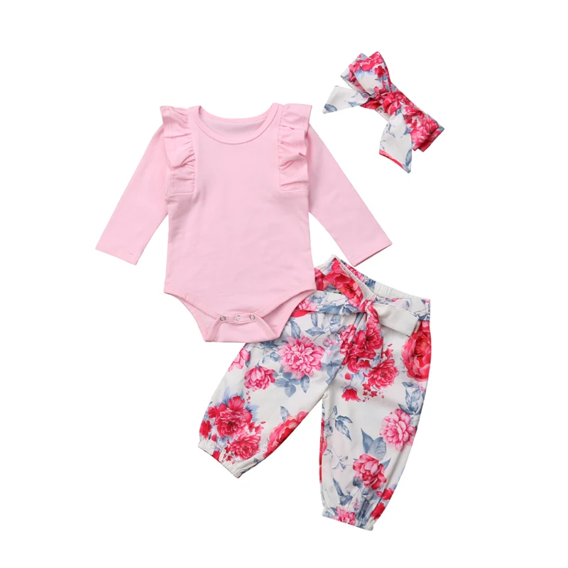 Infant Baby Girls Long Sleeve Tops Romper Floral Pants Outfits Set Clothes 3PCS