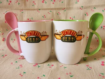 

Friends TV show central perk cup pink green brown mug with spoon