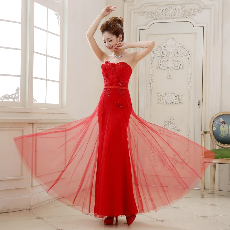 

Long Tulle Evening Dresses 2016 New Arrival Red Bride Gown Ball Prom Party Homecoming/Graduation Princess Mermaid Formal Dress