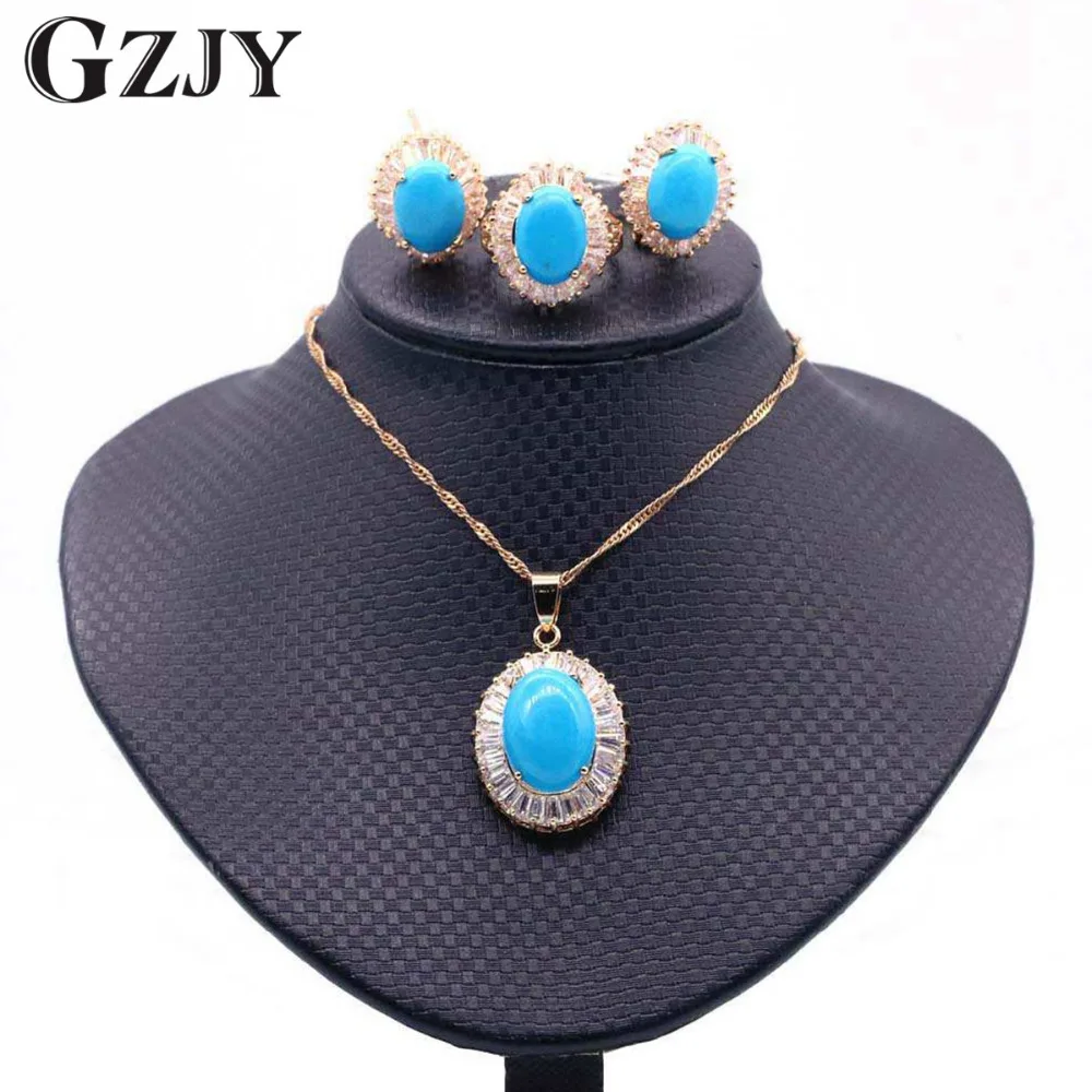 

GZJY Fashion Gold Color Round Blue Stone Zircon Necklace Pendant Earring Ring Set For Women Wedding Gift dubai jewelry set