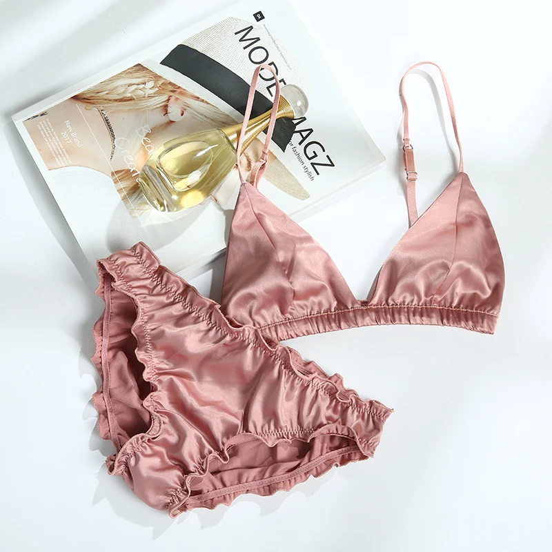 Tangoos Wire Free Satin Bra Set thin Triangle cups Solid Color Bra