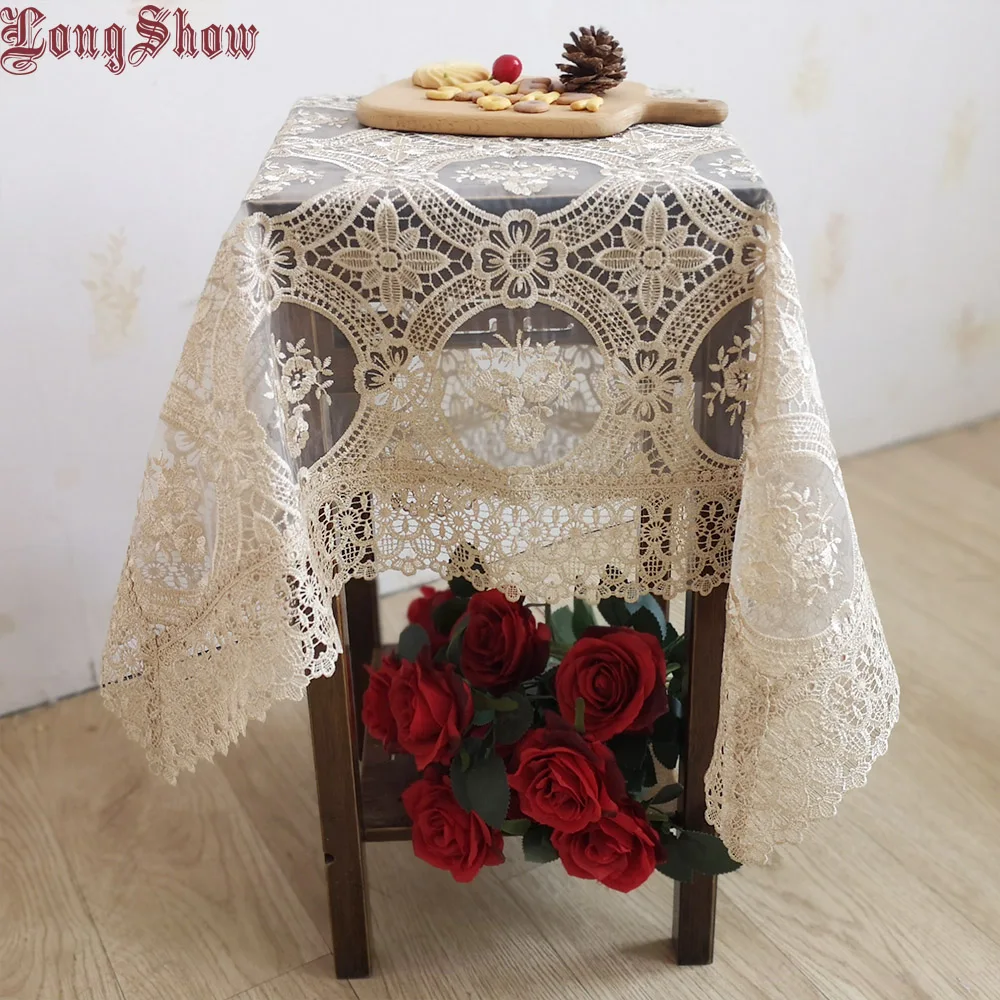 

Household Modern Style Gold Color 85x85cm Embroidered Organza Tablecloth For Home Wedding Party Banquet Decoration