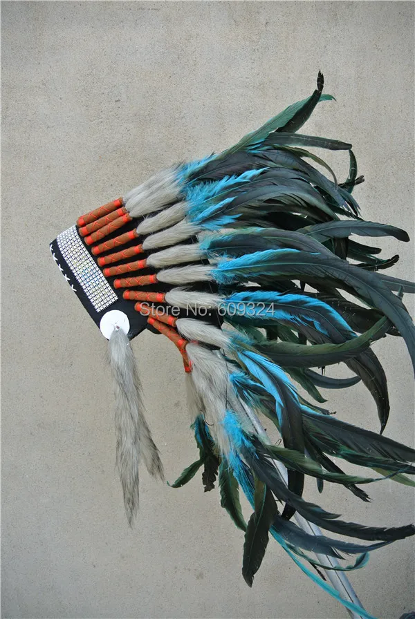 

Turquoise indian feather headdress halloween indian feather war bonnet native american headdress with silver headband
