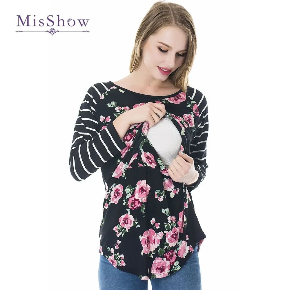 Flower Printed Long Sleeves Women Maternity T shirts Black Blue Nursing