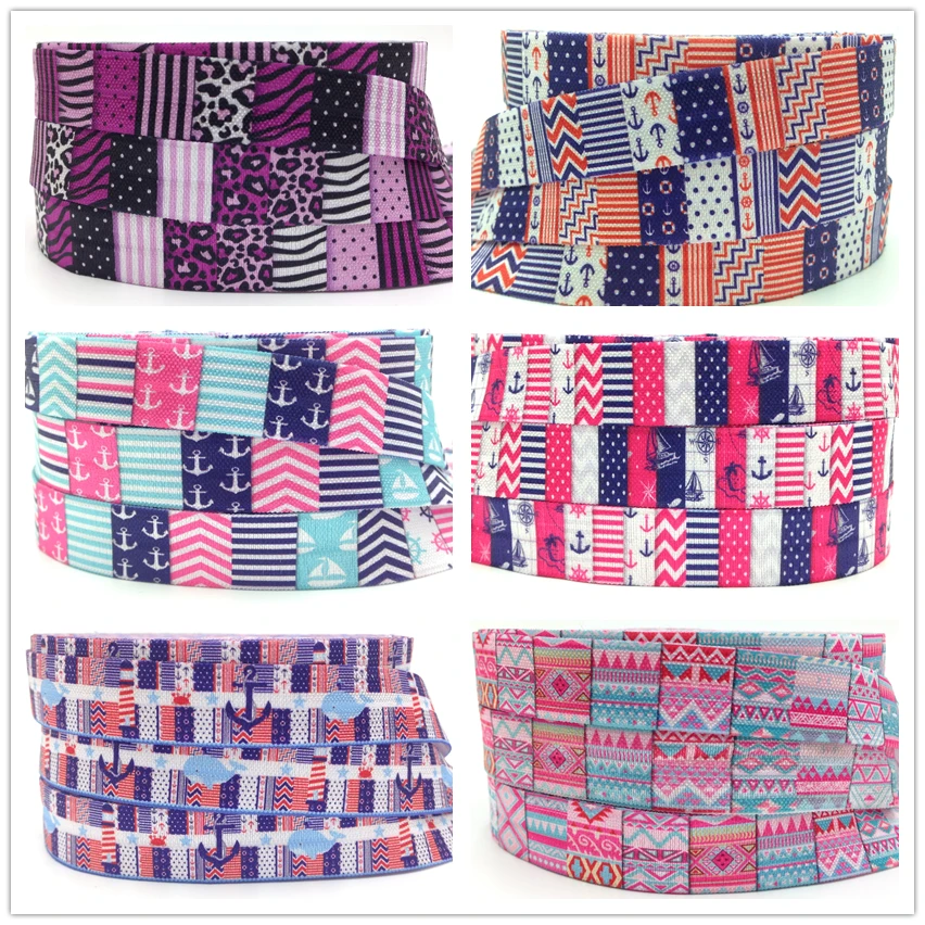 

High Quality Leopard Aztec Print Fold Over Elastic 5/8" Stripe Chevron Anchor Print FOE Ribbon 50Yard/lot/color for DIY Headwear