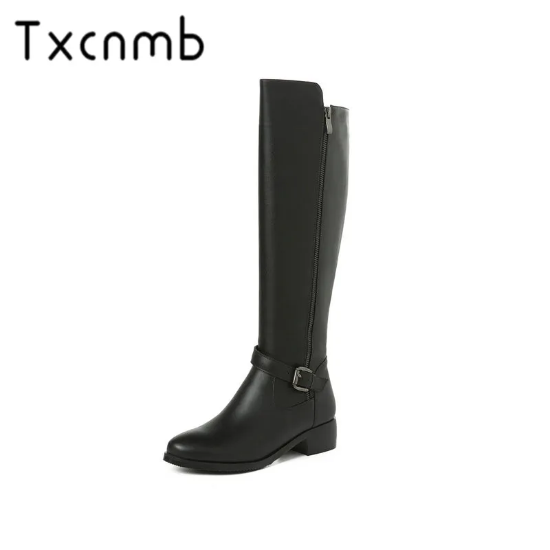 

TXCNMB New Arrival Genuine Leather Boots Women Low Heel Autumn Winter Women Knee High Boots Motorcycle Female Shoes Woman